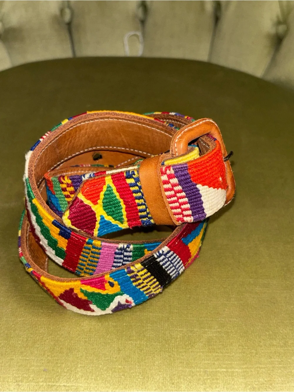 VTG Guatemalan Multicolor Hand Woven Handmade Leather Belt Unisex 36 Boho Hippie
